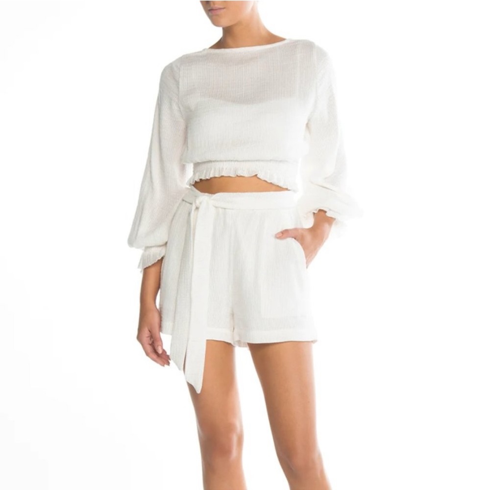 Peony Magnolia White Organic Cotton Long Crop Top and Belted Shorts XS